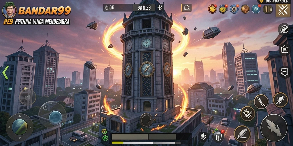 Tampilan seru gameplay BANDAR99 dengan pertahanan menara yang megah.