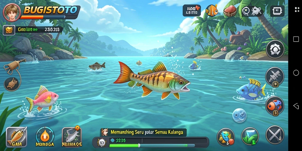 Gameplay seru BUGISTOTO dengan pengalaman memancing yang mendebarkan.