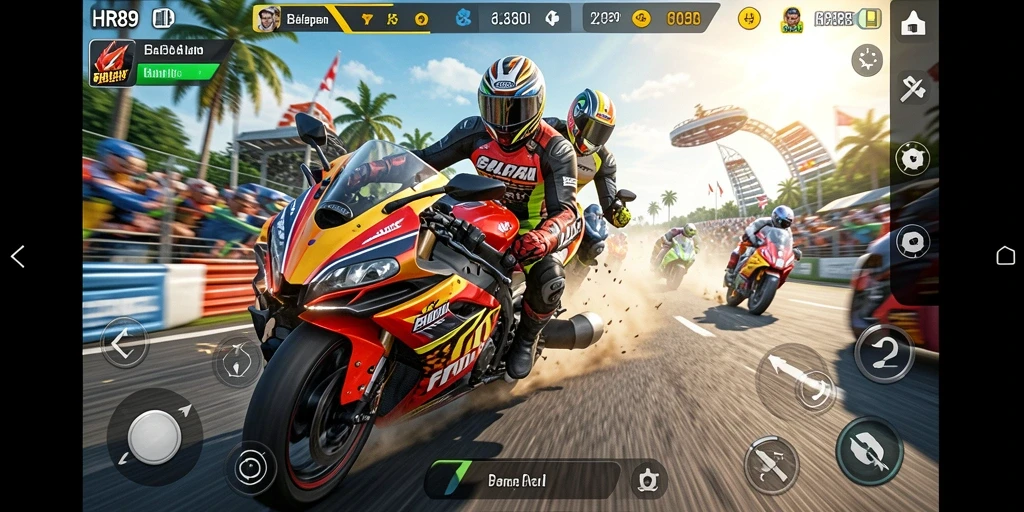 Screenshot gameplay <strong>HR89</strong> dengan aksi balapan motor yang mendebarkan.