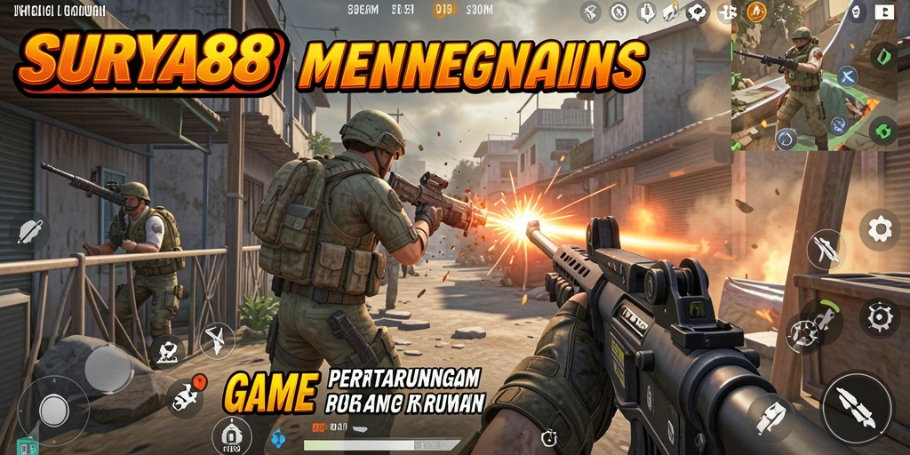 Tampilan pertarungan mendebarkan dalam game SURYA88 dengan aksi tembak-menembak yang intens.